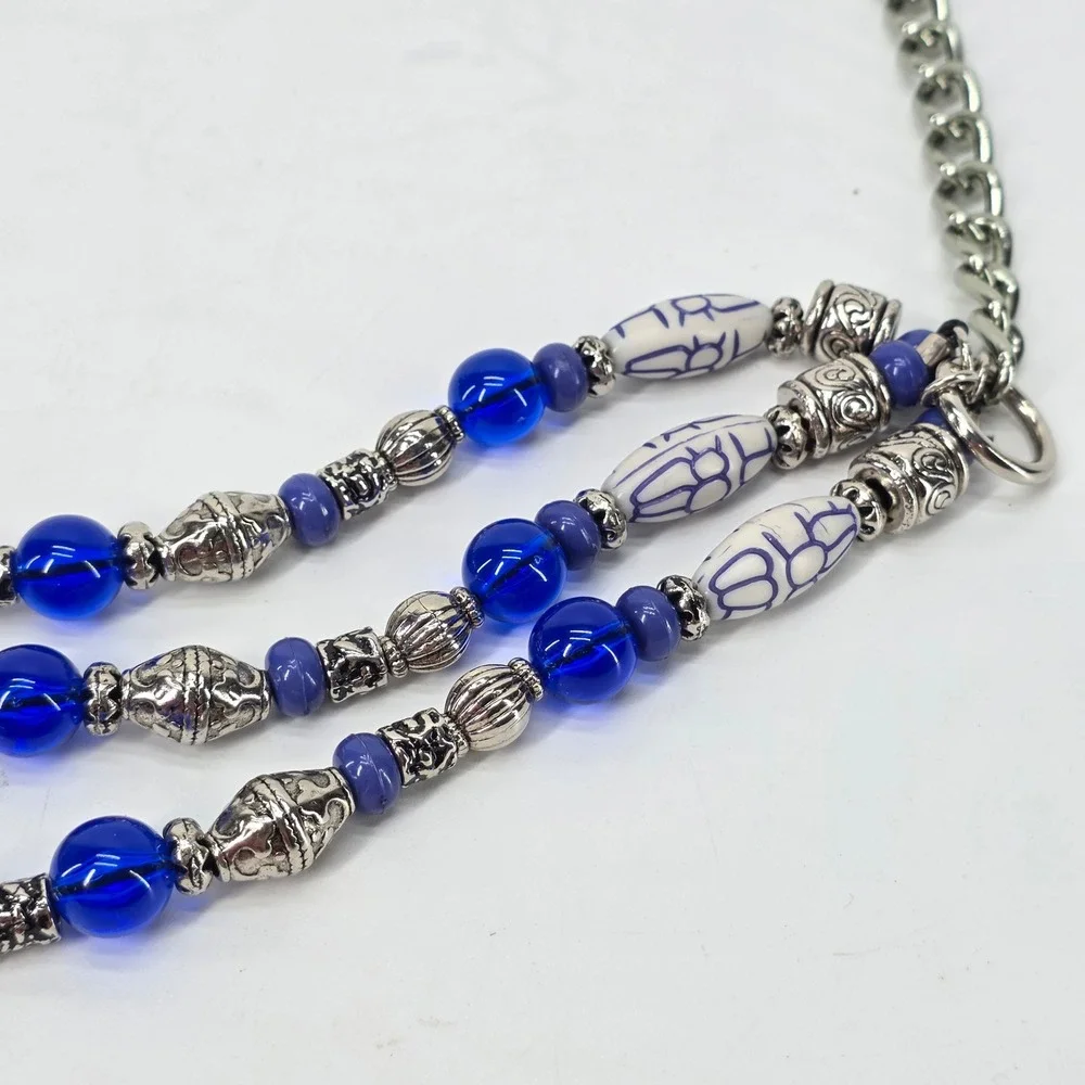 VTG Beaded Chain Belt Blue Silver Triple Strand Adjustable Waist Jewelry Boho